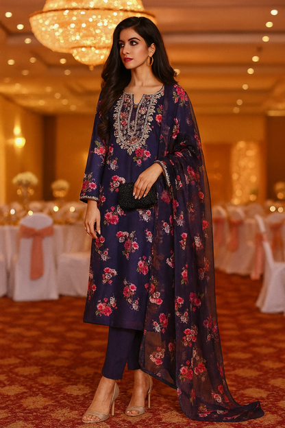 Floral gota hand embroidery neckline