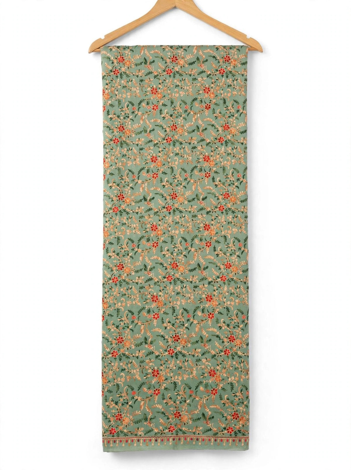 Sage Green All-Over Embroidered Pashmina Shawl - Kashmiri Aari Jaal Work