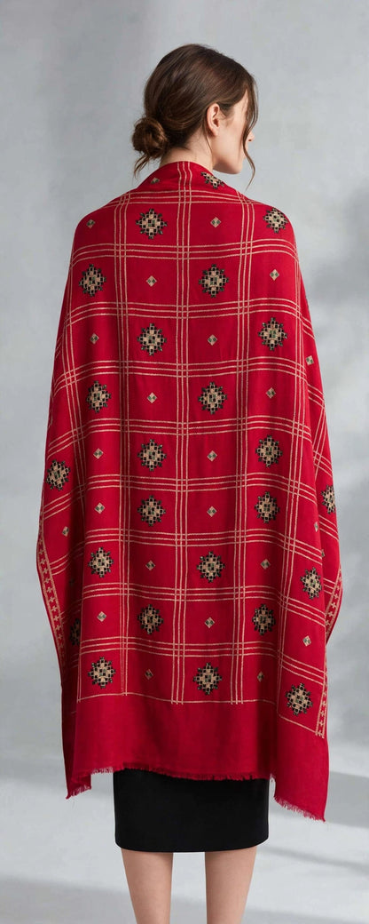 Ruby Red Embroidered Pashmina Shawl - Check Pattern with Mirror Work Motifs