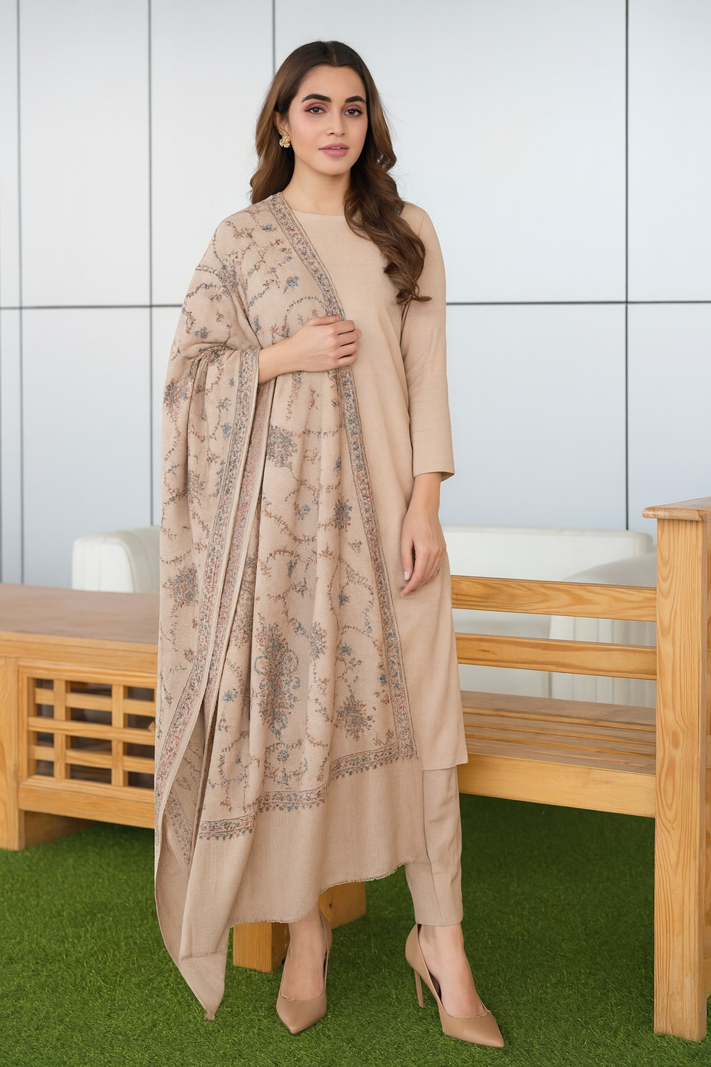 Elegant Needle Embroidered Pashmina Shawl  Beige