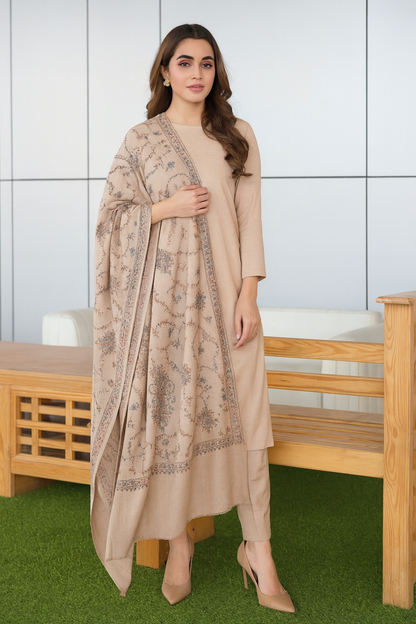 Elegant Needle Embroidered Pashmina Shawl  Beige