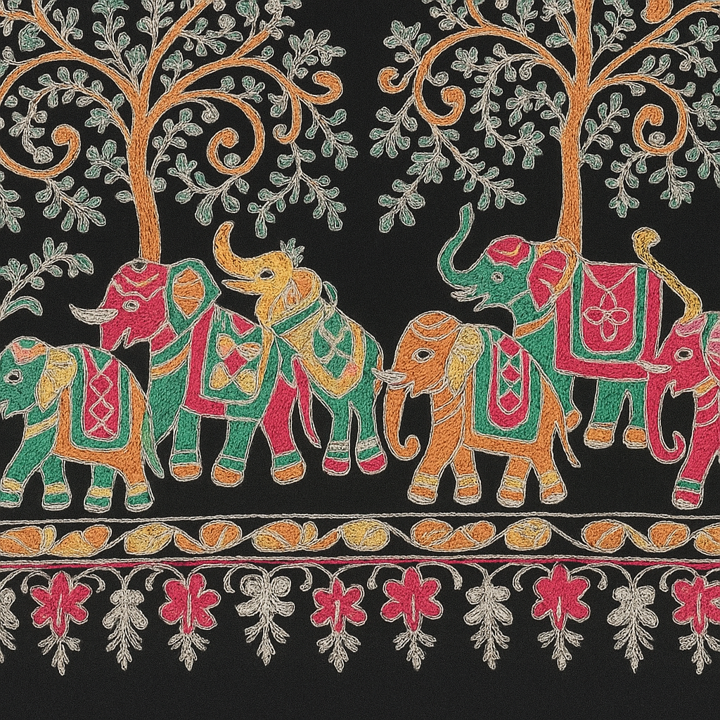 Luxury Pashmina Elephant Embroidery Shawl Black