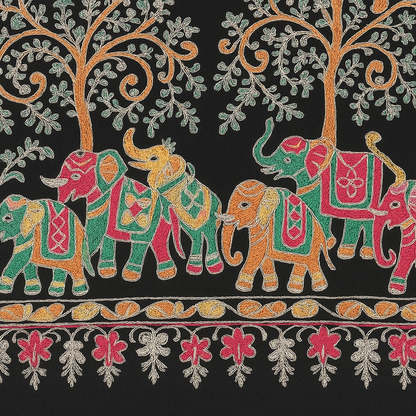 Luxury Pashmina Elephant Embroidery Shawl Black