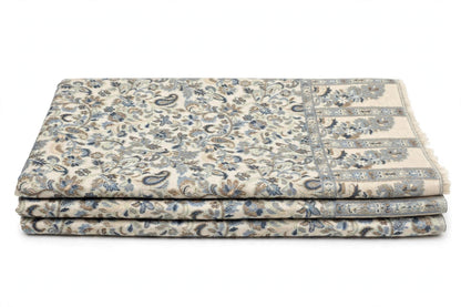 Authentic Kani Pashmina Shawl Mini - Cream & Blue Paisley - Lightweight Wool Scarf - Traditional Kashmiri Kani Work Stole