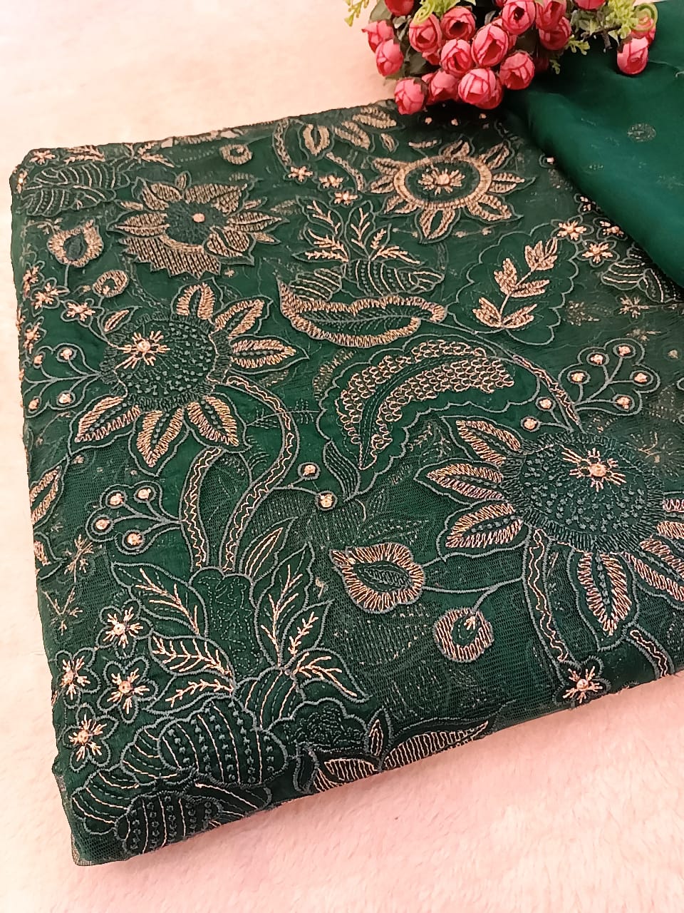 Teal Radiance: Laser-Cut Applique & Embroidered Chiffon Ensemble
