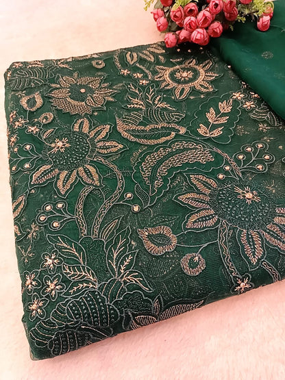 Teal Radiance: Laser-Cut Applique & Embroidered Chiffon Ensemble