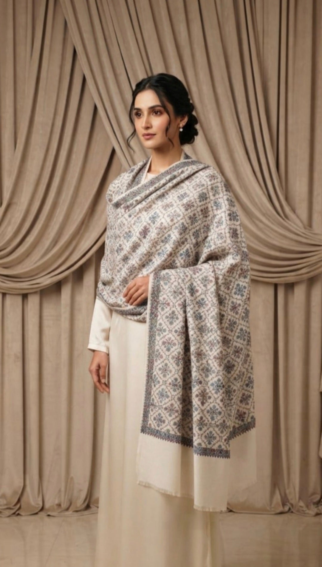 Hand-Embroidered Block Print Pashmina Shawl Traditional Sozni Sui Work Heritage Wrap