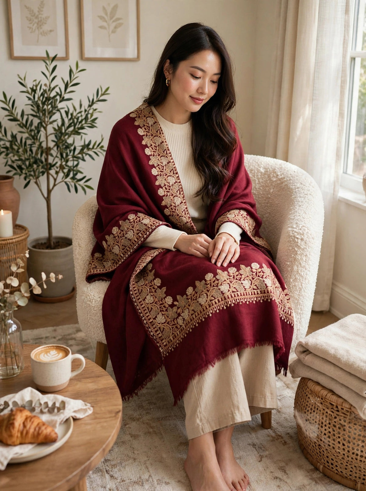 Noor - Maroon Gold Embroidered Pashmina Shawl | Kashmiri Aari Work