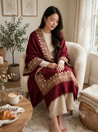 Noor - Maroon Gold Embroidered Pashmina Shawl | Kashmiri Aari Work