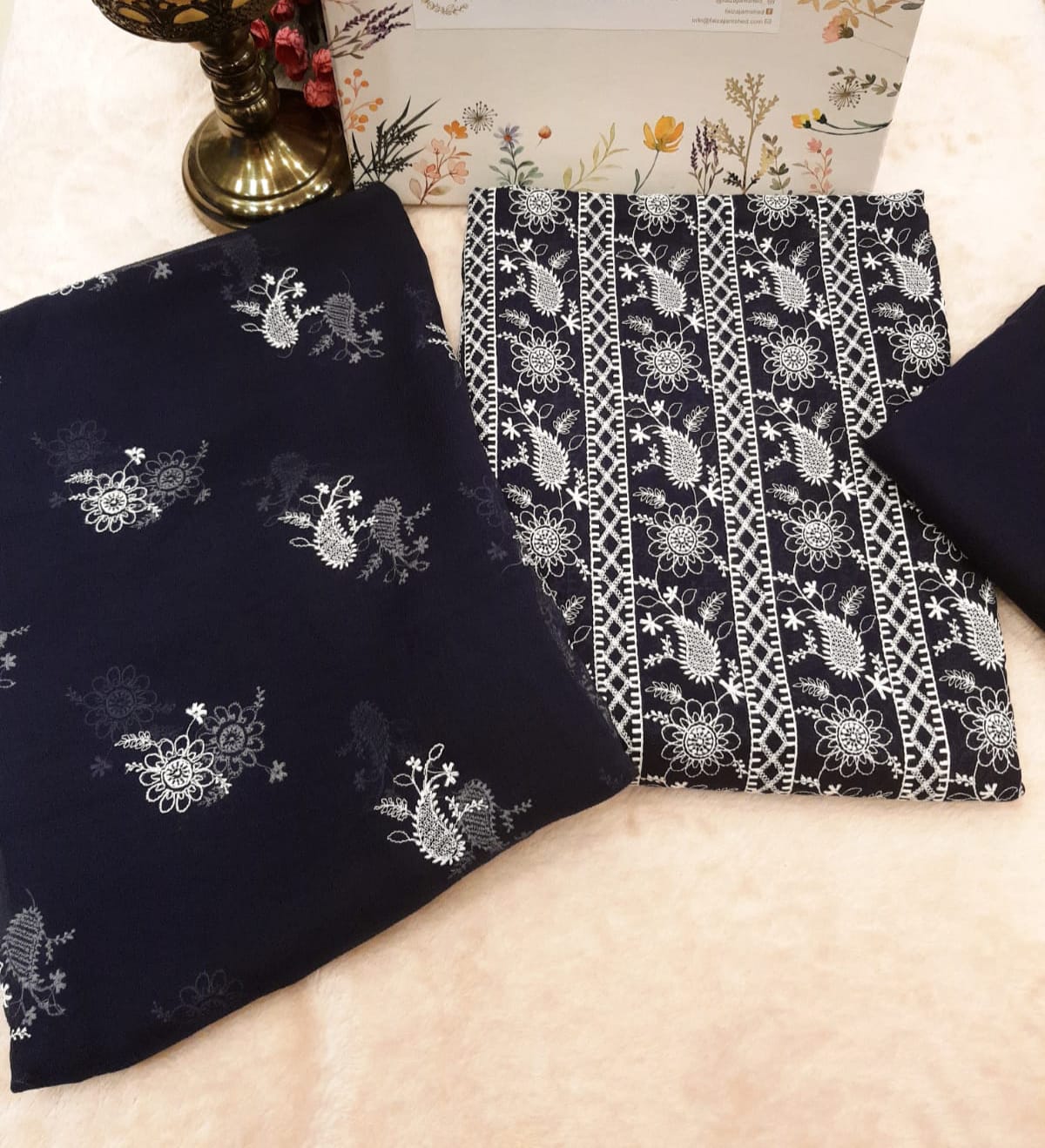 Midnight Navy Embroidered Bareeze Lawn