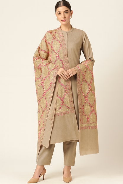 Luxury Pashmina Aari Embroidery Shawl  Beige & Rose Pink