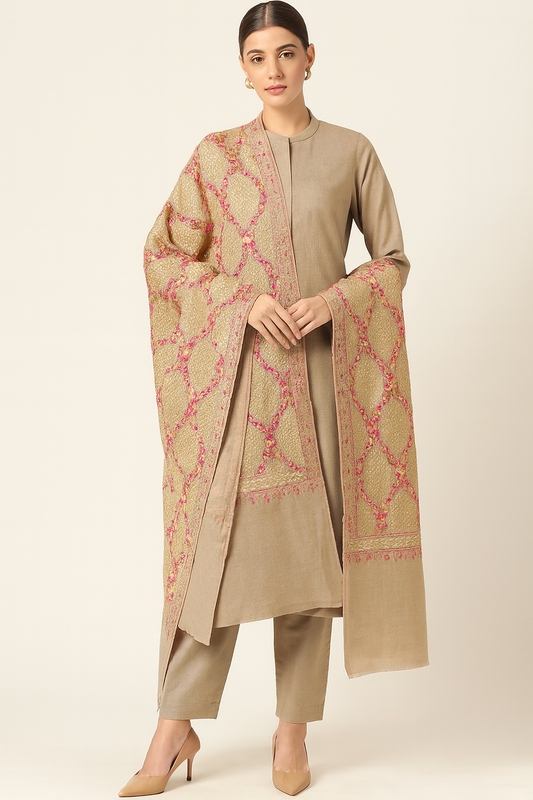 Luxury Pashmina Aari Embroidery Shawl  Beige & Rose Pink