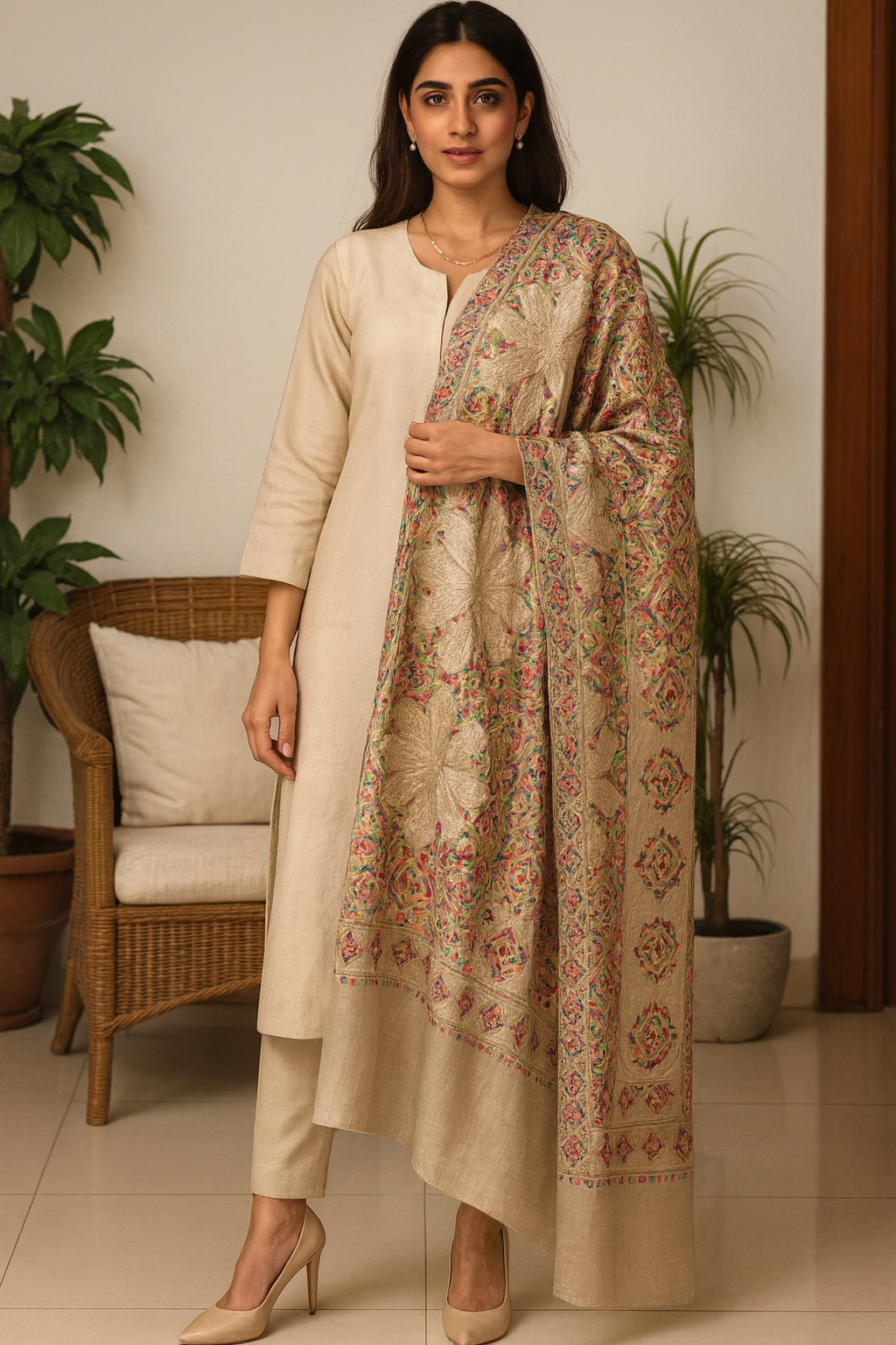 Luxury Multicolor Aari Embroidered Pashmina Shawl