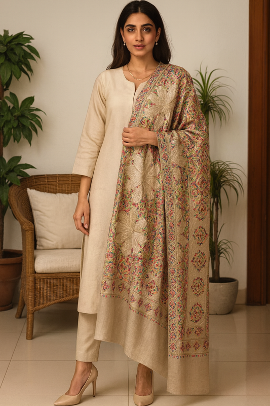 Luxury Multicolor Aari Embroidered Pashmina Shawl