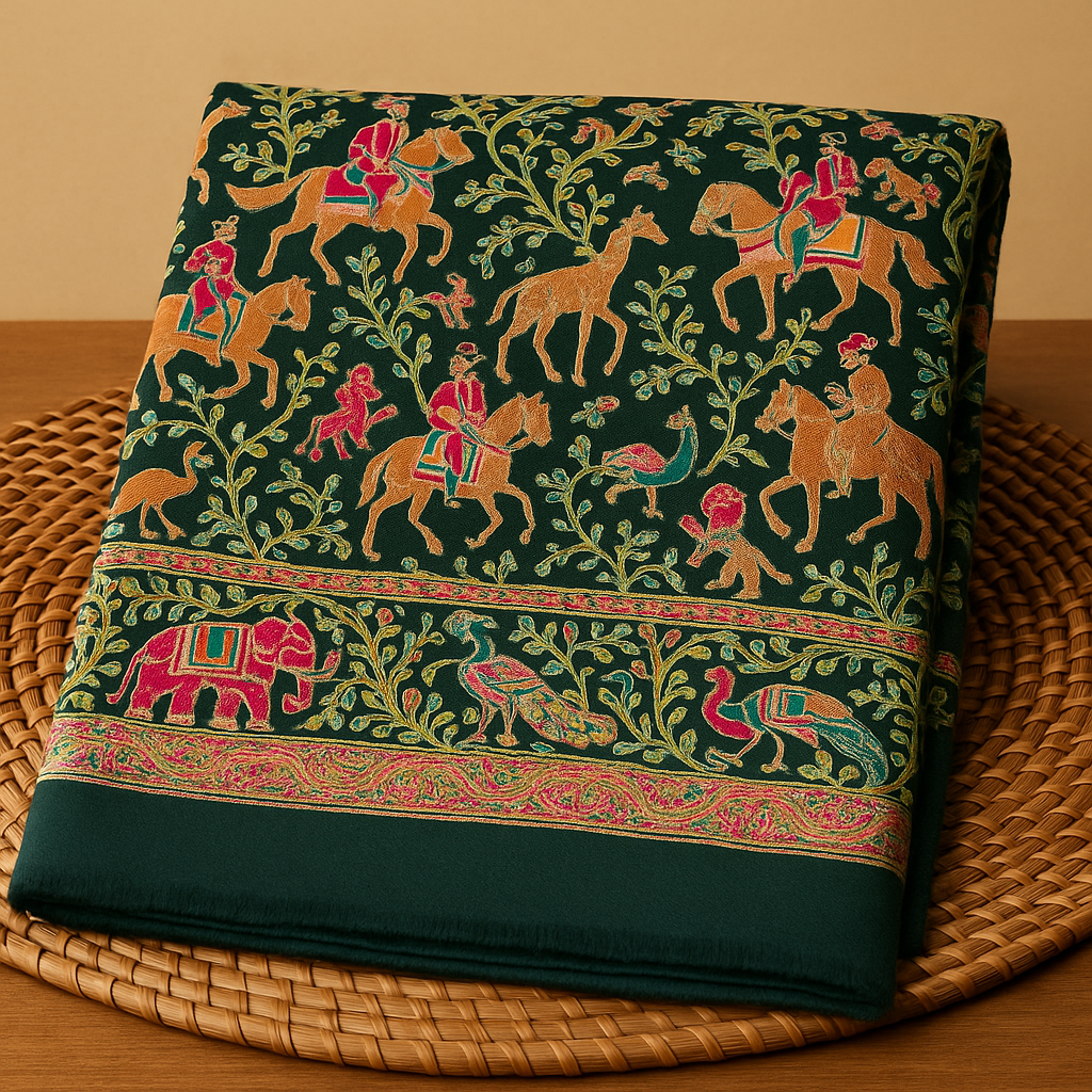 Regal Green Pashmina Shawl with Multicolor Aari Embroidery