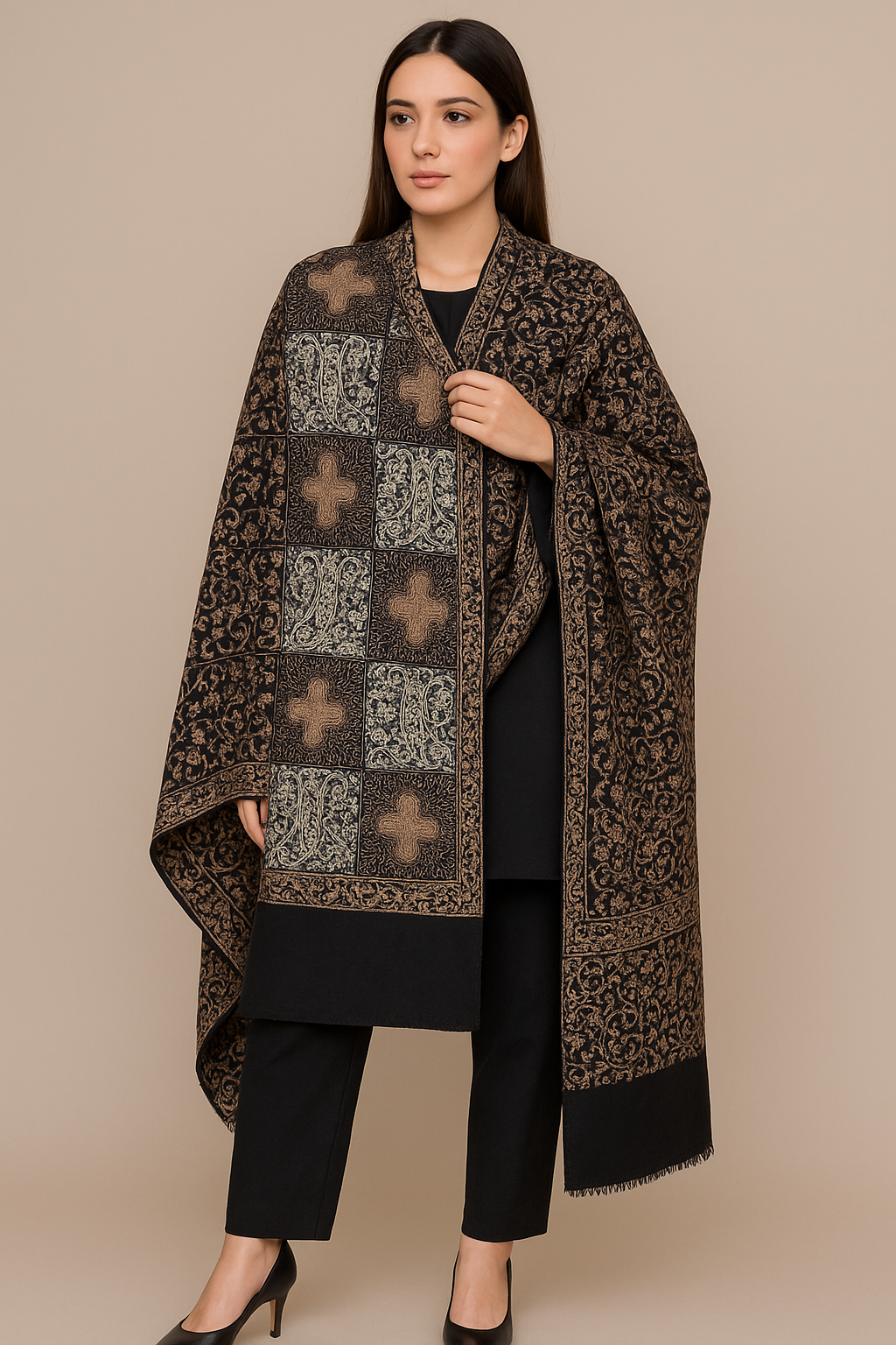 Luxury Pashmina Shawl with Aari Embroidery Black & Bronze