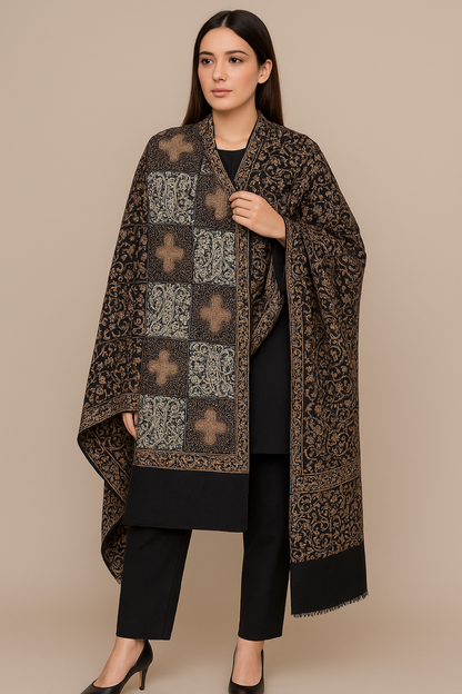 Luxury Pashmina Shawl with Aari Embroidery Black & Bronze