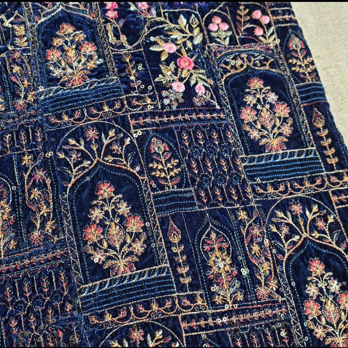 Noor-e-Jahan Teal Blue Fully Embroidered Velvet Shawl  Mughal Arch Design