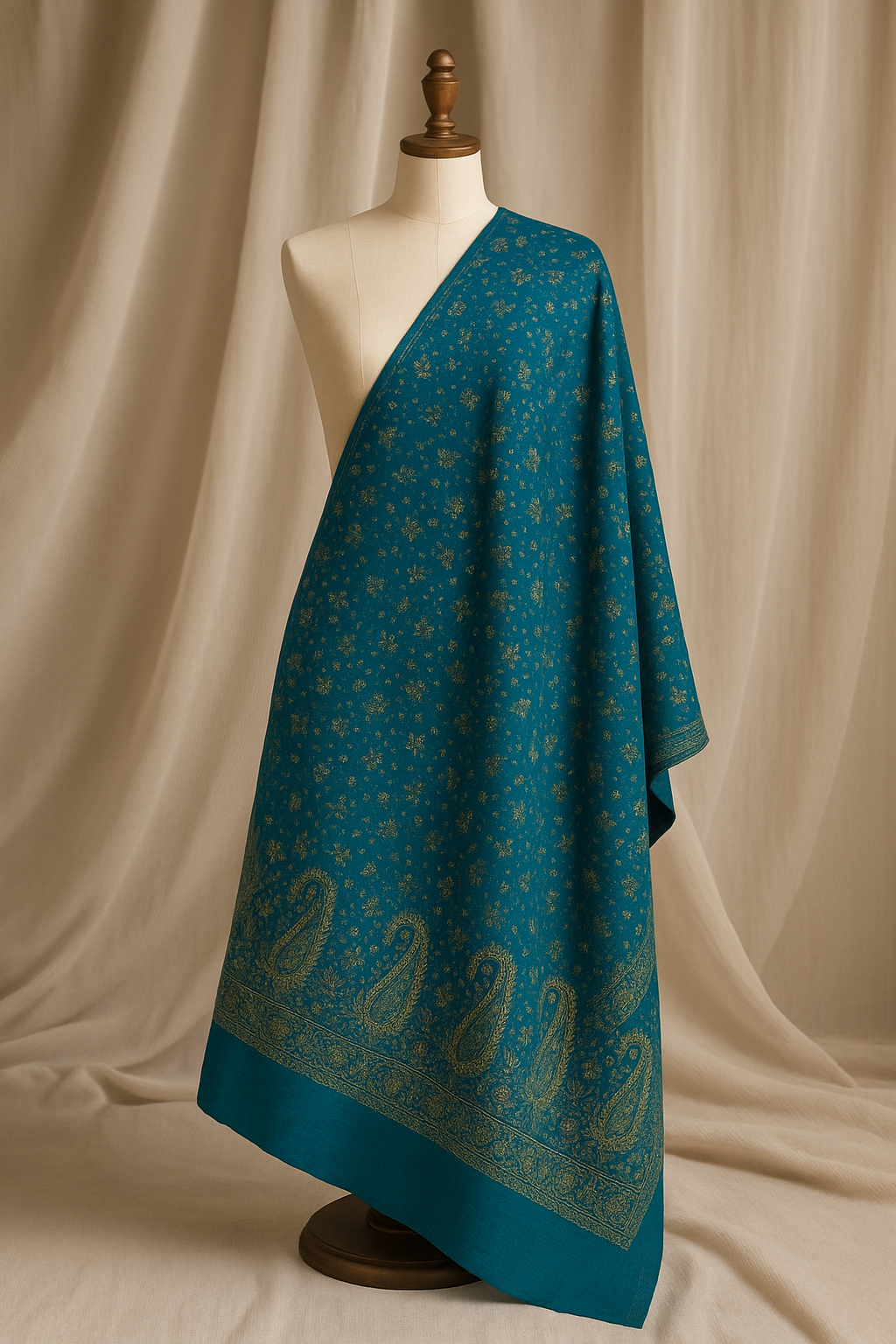 Elegant Needle Embroidery Pashmina Shawl Teal Gold Paisley
