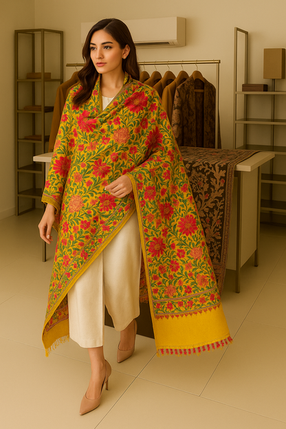 Mustard Pashmina Shawl with Aari Embroidery