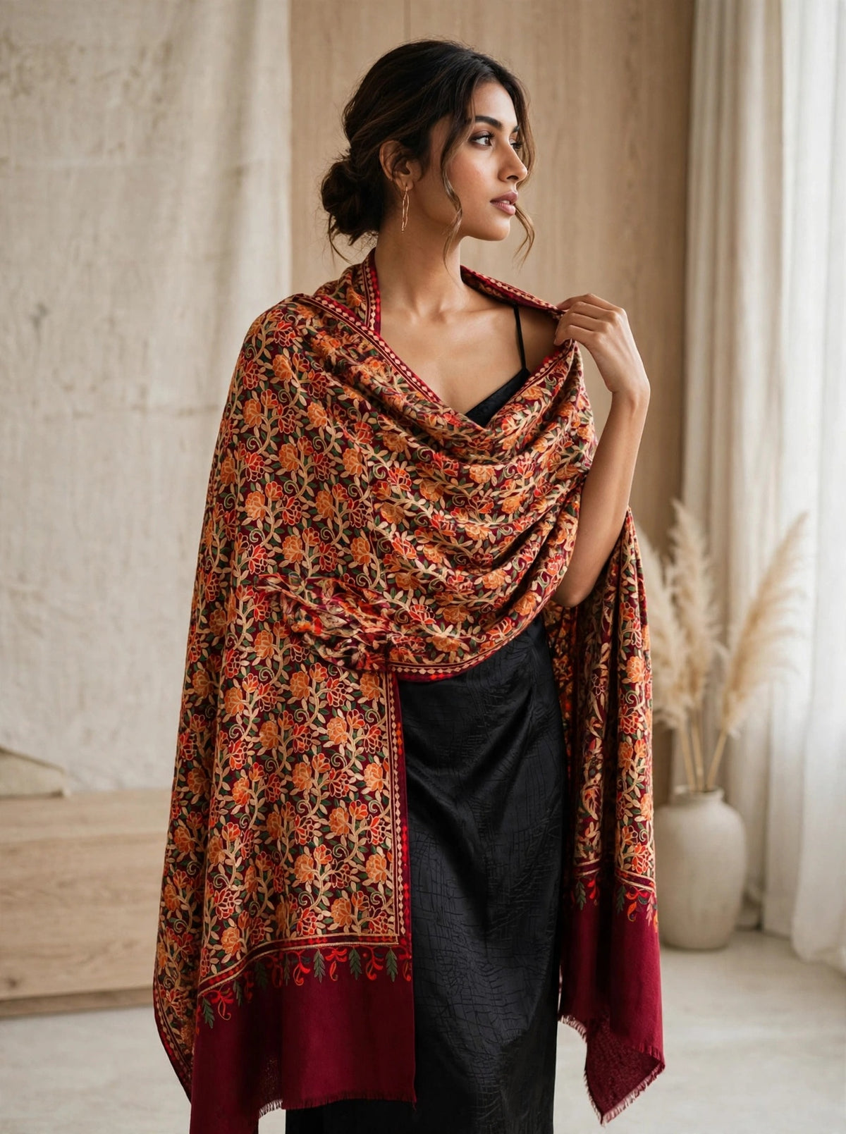 Embroidered Burgundy Pashmina Shawl - Heirloom Kashmiri Aari Work