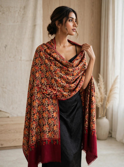 Embroidered Burgundy Pashmina Shawl - Heirloom Kashmiri Aari Work