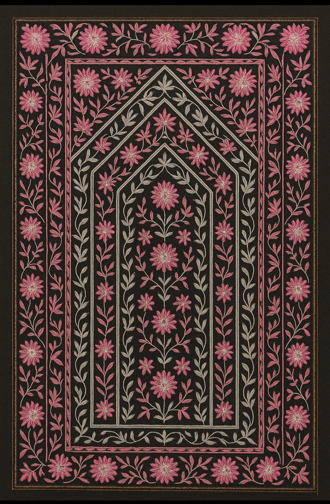 Grandeur Pashmina Wall Art  Black Base with Pink Floral Aari Embroidery
