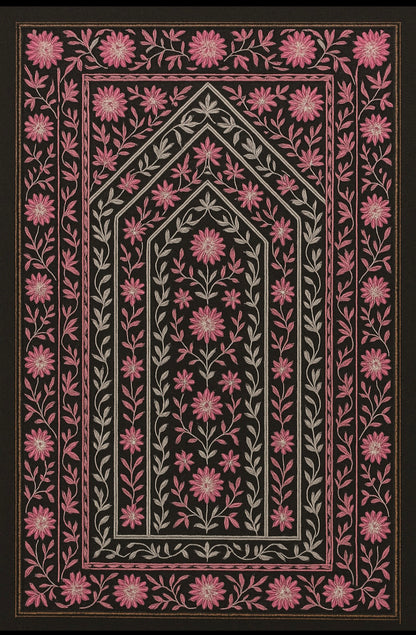 Grandeur Pashmina Wall Art  Black Base with Pink Floral Aari Embroidery