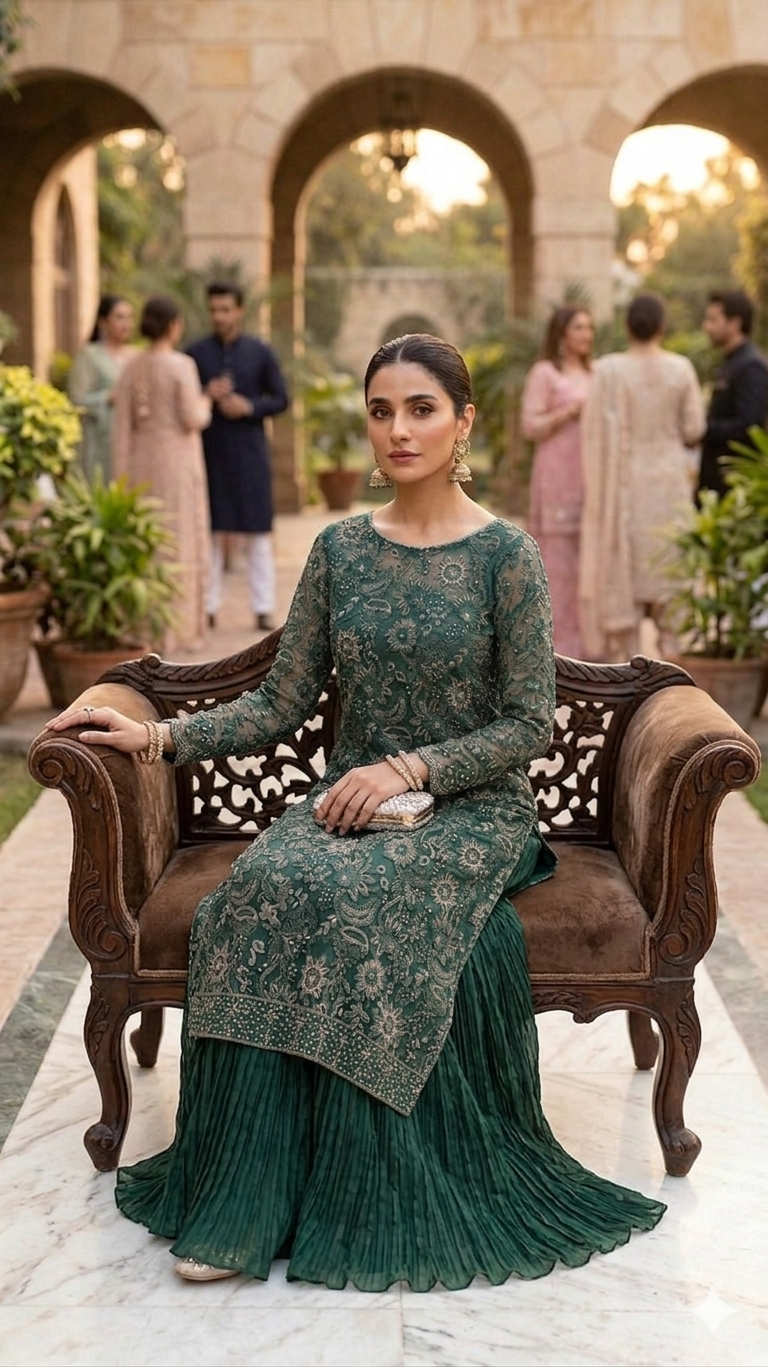 Emerald Laser-Cut Embroidered Ensemble