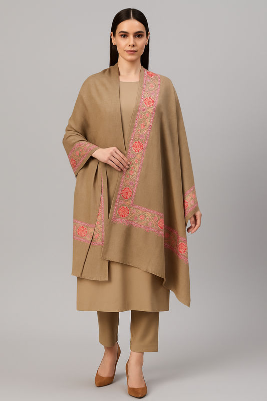 Elegant Pashmina Shawl with 4-Side Aari Embroidered Border
