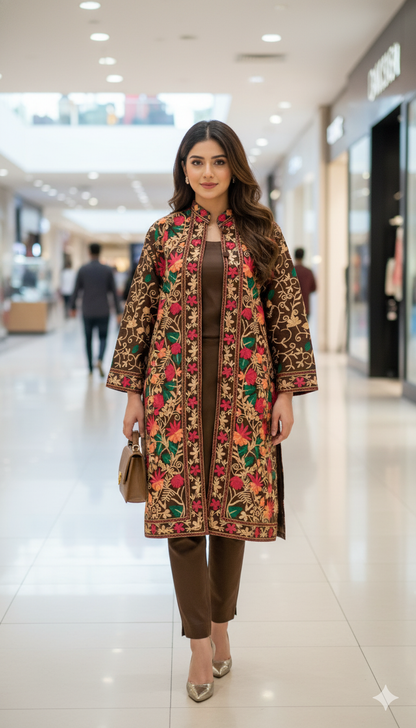 Luxury Kashmiri Embroidered Pashmina Jacket with Inner