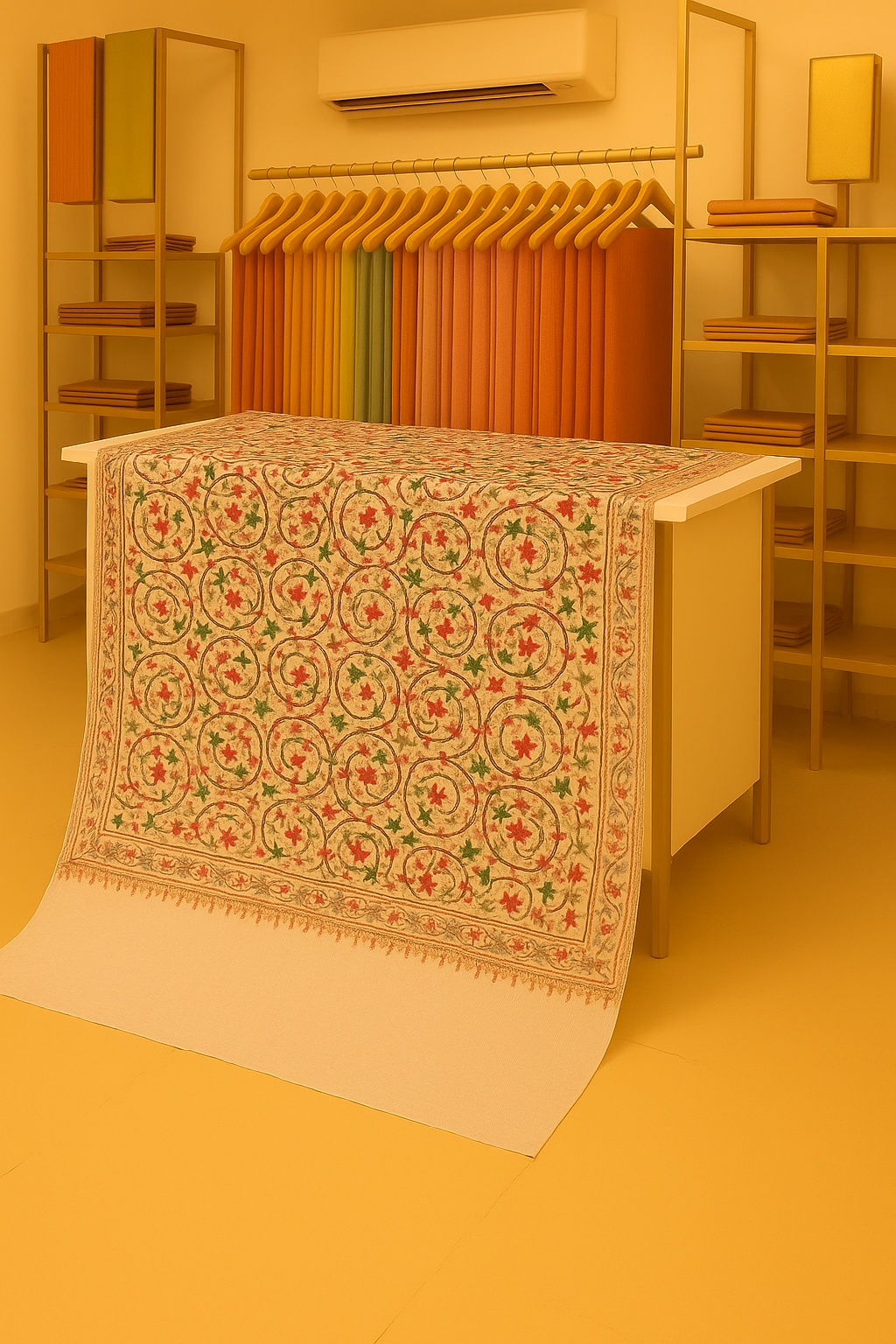 Premium Aari Embroidered Pashmina Shawl Cream Base with Multicolor Floral Motifs