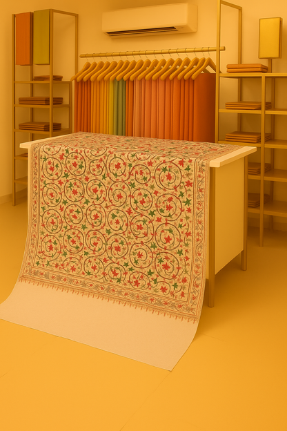 Premium Aari Embroidered Pashmina Shawl Cream Base with Multicolor Floral Motifs