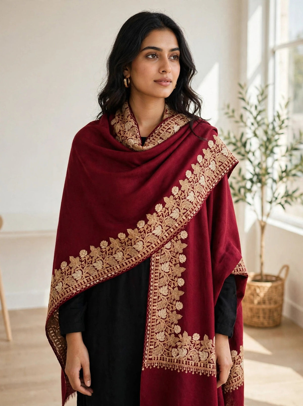 Noor - Maroon Gold Embroidered Pashmina Shawl | Kashmiri Aari Work