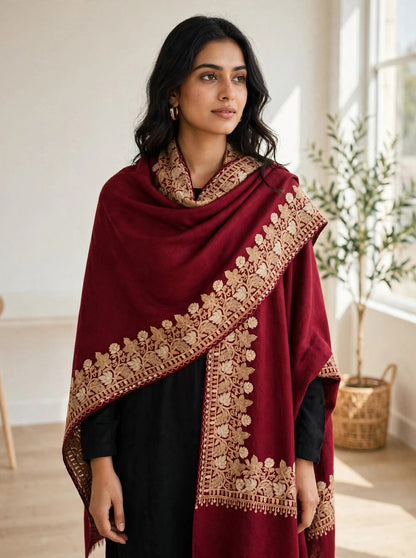Noor - Maroon Gold Embroidered Pashmina Shawl | Kashmiri Aari Work
