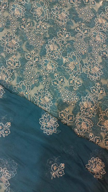 Teal Elegance: Laser-Cut Embroidered Shirt & Chiffon Dupatta Set