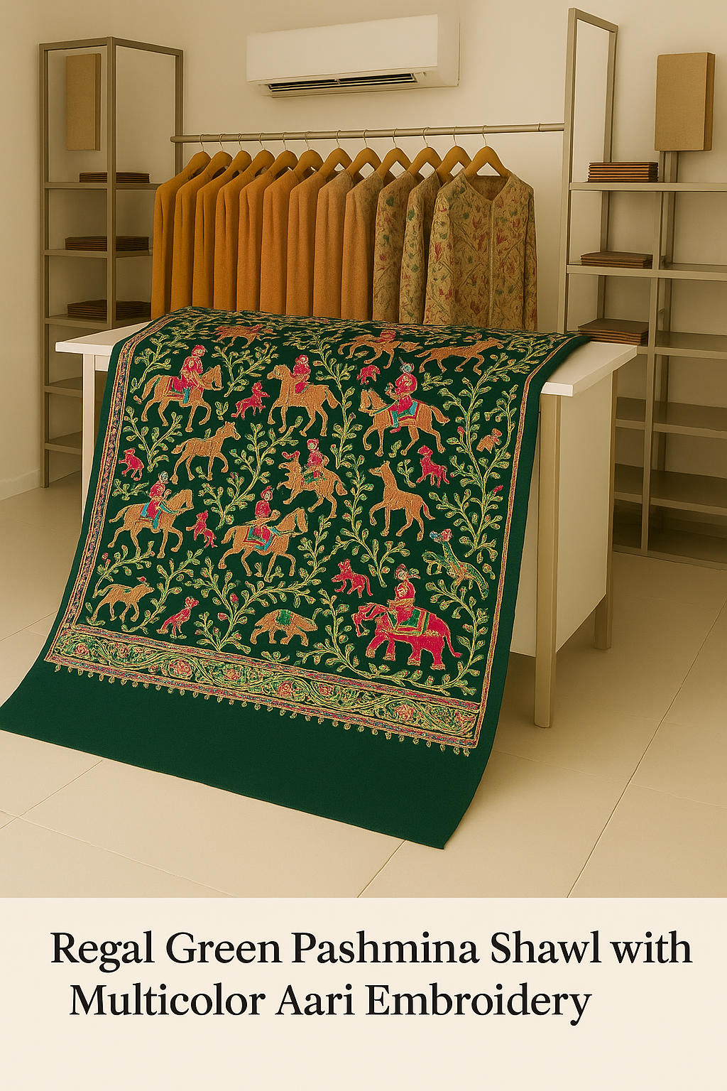 Regal Green Pashmina Shawl with Multicolor Aari Embroidery