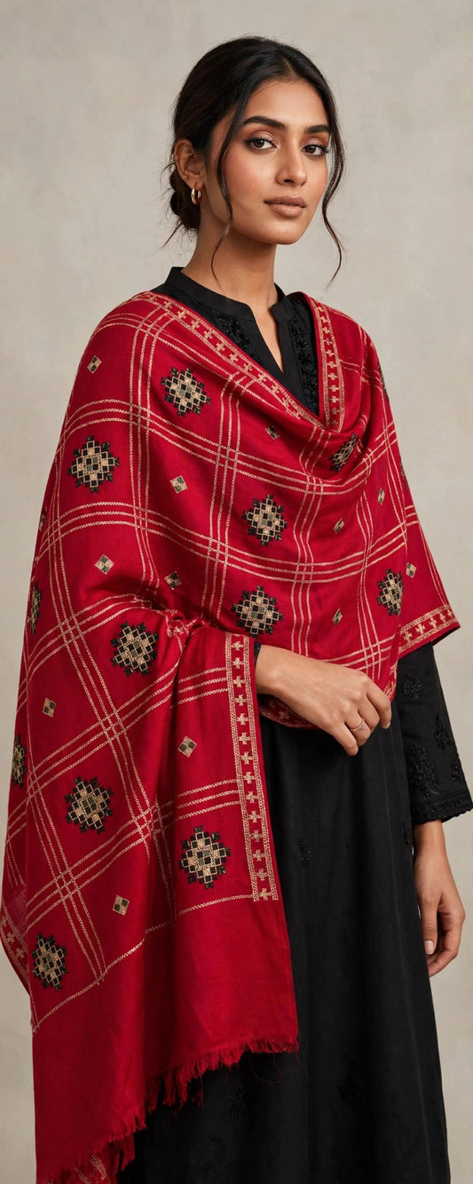 Ruby Red Embroidered Pashmina Shawl - Check Pattern with Mirror Work Motifs