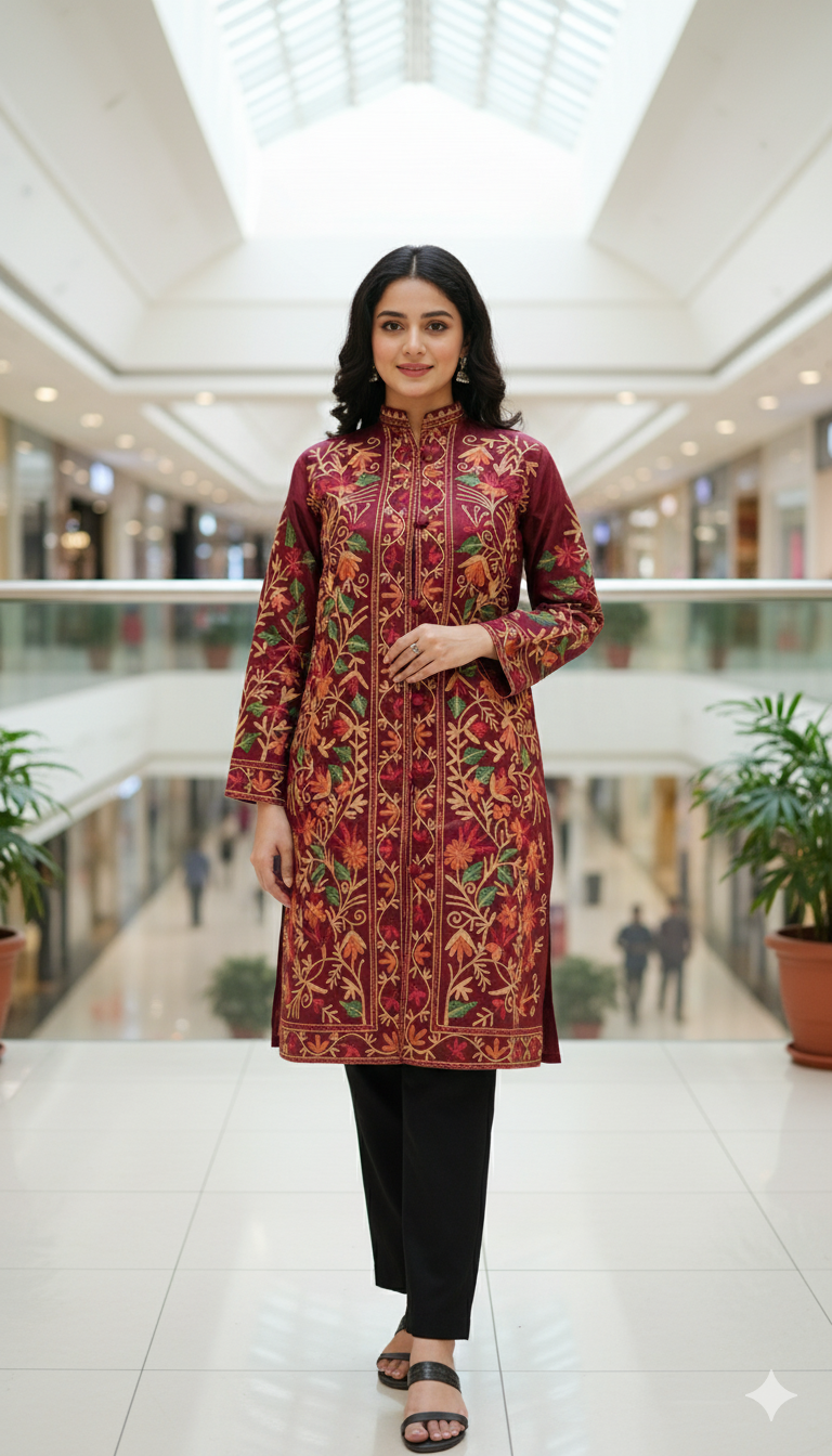 Aari Embroidered Silk Jacket | Kashmiri Floral Coat
