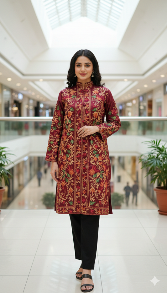 Aari Embroidered Silk Jacket | Kashmiri Floral Coat