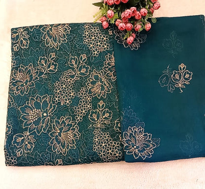 Teal Elegance: Laser-Cut Embroidered Shirt & Chiffon Dupatta Set