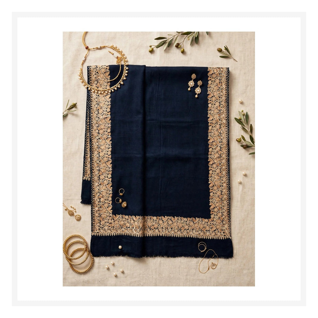 Midnight Navy Pure Pashmina Shawl with 4-Side Heavy Aari Embroidery Border - Beige Floral