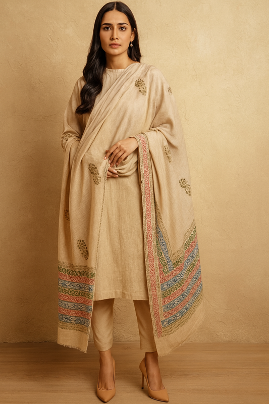 Handcrafted Block Print Pashmina Shawl Timeless Beige Elegance