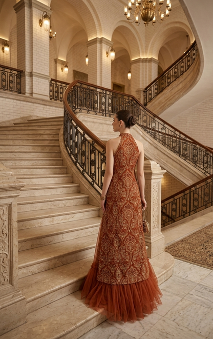 Rust Laser-Cut Applique Net Unstitched Suit