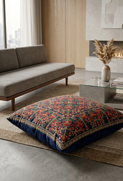 Floral Medallion Embroidered Silk Floor Cushion