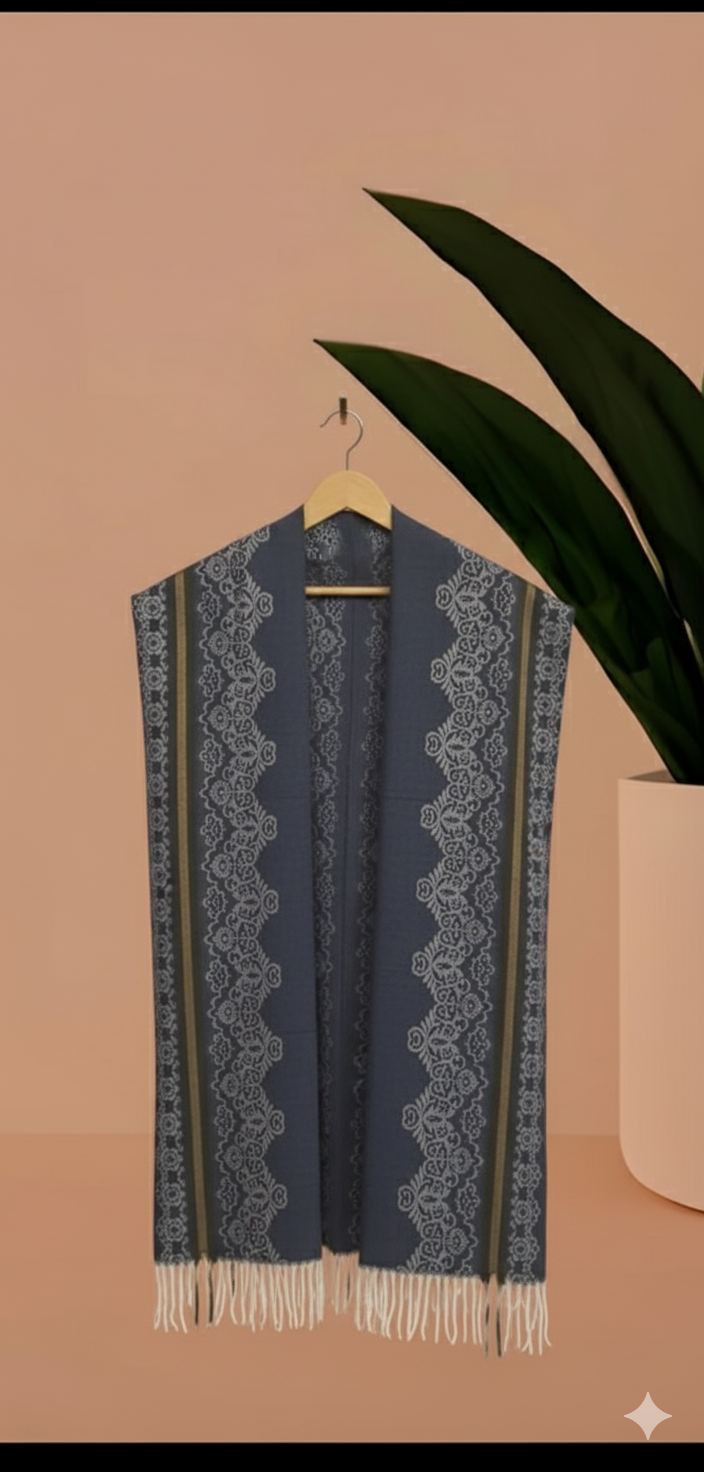 Intricate Jacquard Weave Stole | greyish blue  Wool Scarf