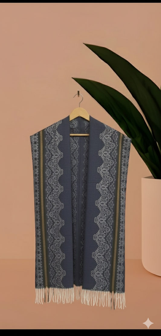Intricate Jacquard Weave Stole | greyish blue  Wool Scarf