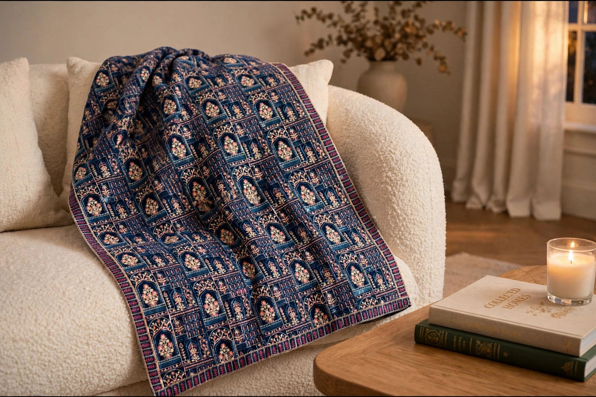 Noor-e-Jahan Teal Blue Fully Embroidered Velvet Shawl  Mughal Arch Design