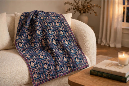 Noor-e-Jahan Teal Blue Fully Embroidered Velvet Shawl  Mughal Arch Design