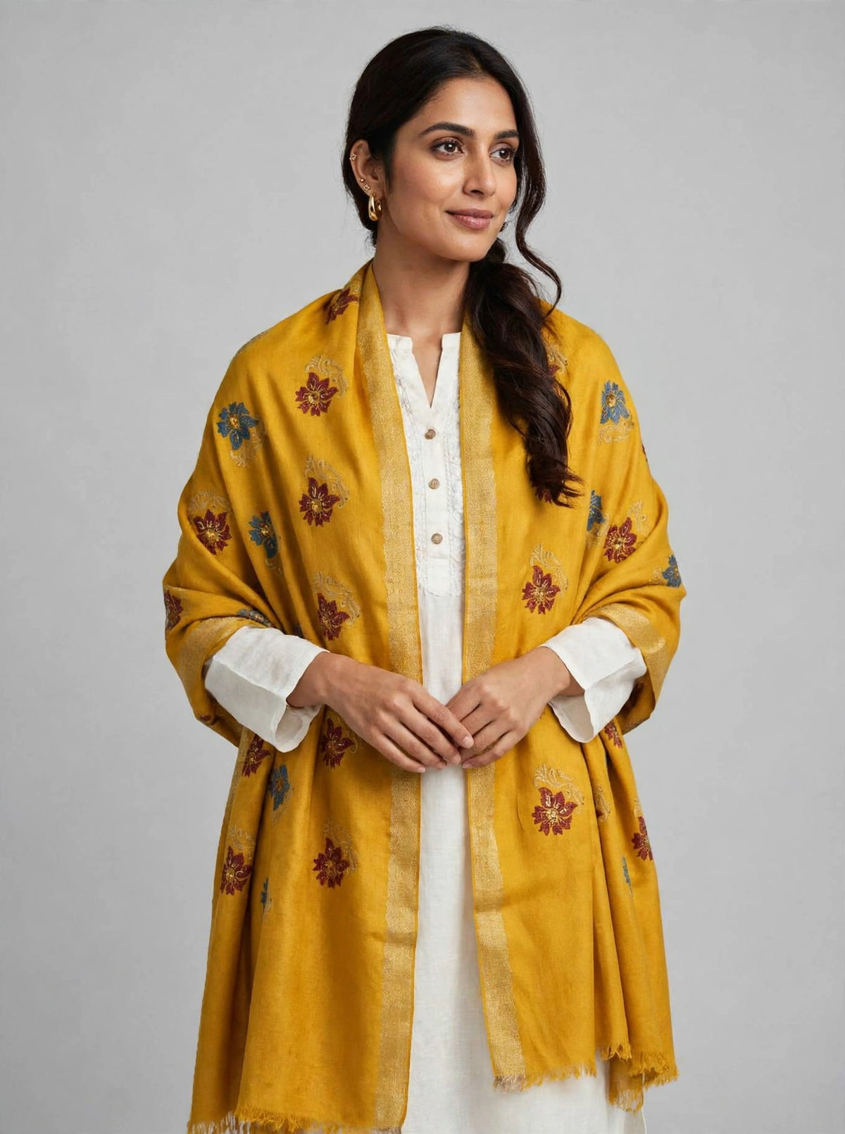Mustard Bloom - Embroidered Pashmina Shawl with Floral Booti & Zari Border